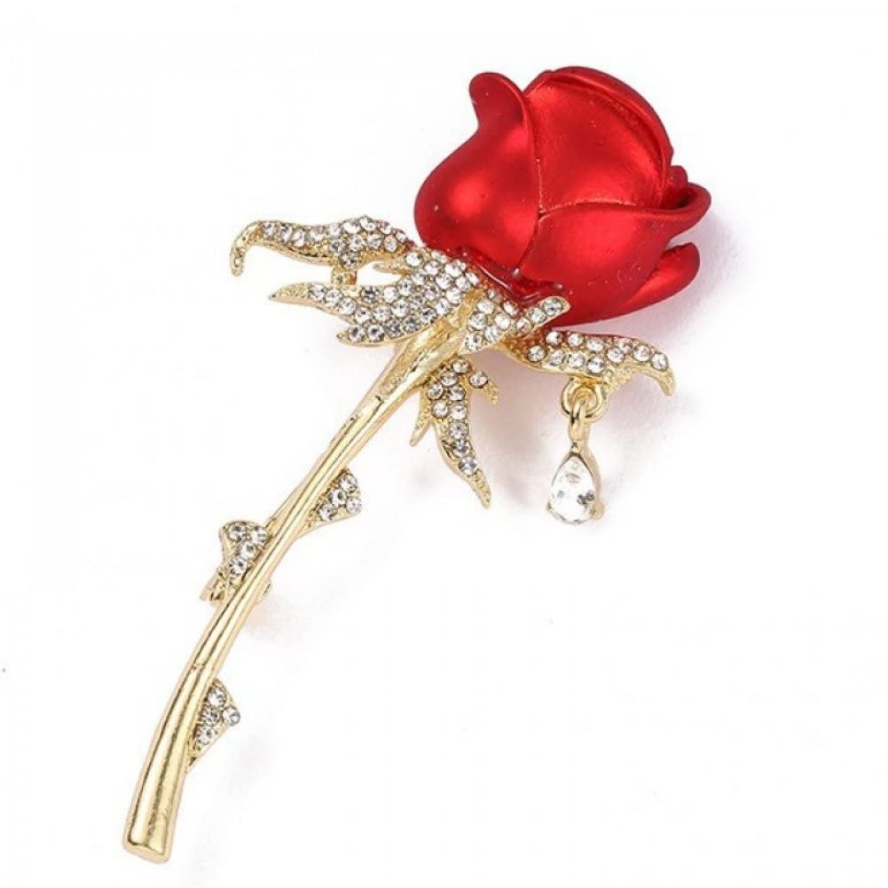 Haowul Women's Red Rhinestone Rose Flower Brooches For Elegant Flower Lapel Pins Wedding Party Badge Jewelry Valentine's Day