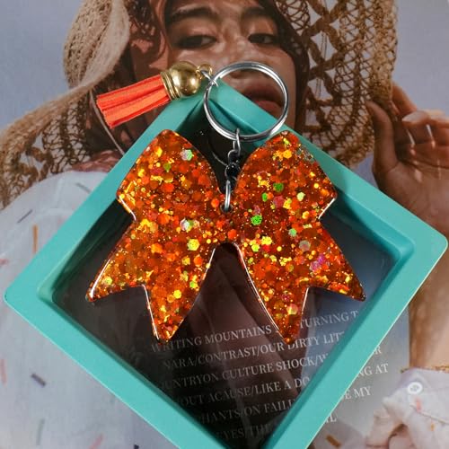 Glitter Cheer Bow Keychain - Cheer Charm Backpack Keychains - Girls Cheerleading Accessories - Cheer Gift for Cheerleaders and Team Members - Orange/2pcs3
