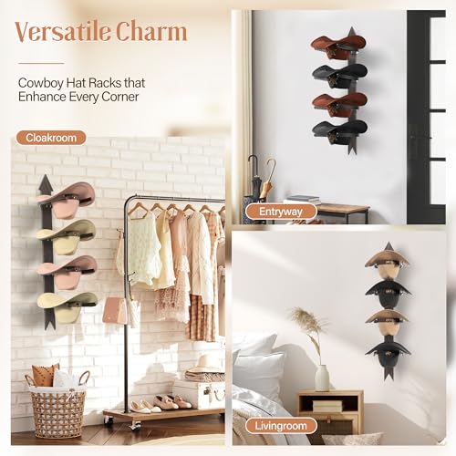 Cowboy Hat Rack for Wall, Cowboy Hat Holder Wall Mount Holds up to 4 Hats, Wooden Western Rustic Metal Hat Hanger with Arrow Sign Board, Hat Organizer for Western Hat, Fedora, Sun Hats (2 pack) - image 5