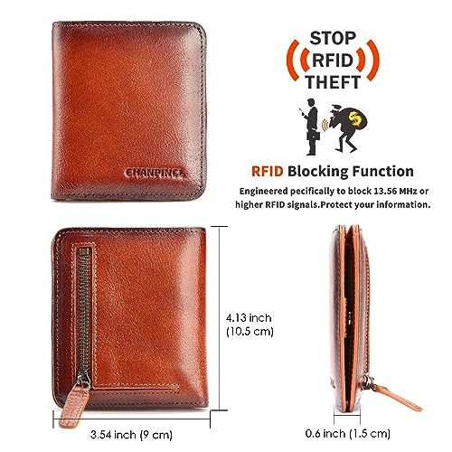 mens zipper leather rfid blocking wallet Portable mini wallet with multiple card slots for banknotes (Yellowish brown)2