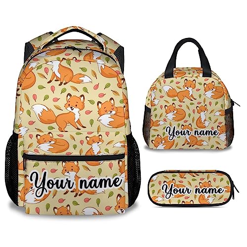 Personalized Fox Backpack with Lunch Box and Pencil Case for Girls Boys, 16 Inch School Bookbag with Adjustable Straps, Travel Bag Durable, Lightweight, Large Capacity