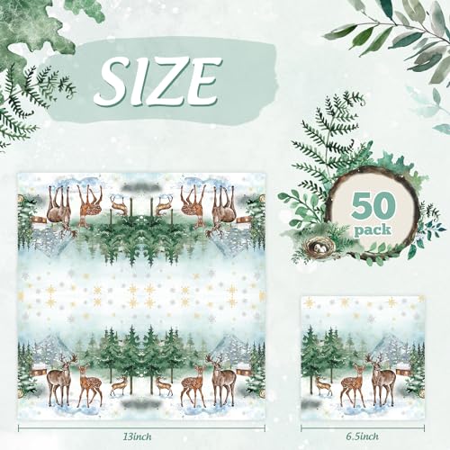 Quera 50 Pack Christmas Paper Napkins 6.5'' x 6.5'' Winter Watercolor Pine Forest Elk Paper Snowflake Dinner Napkin Xmas Party Supplies Reindeer Disposable Napkin for Holiday Party Dinner – Image 3