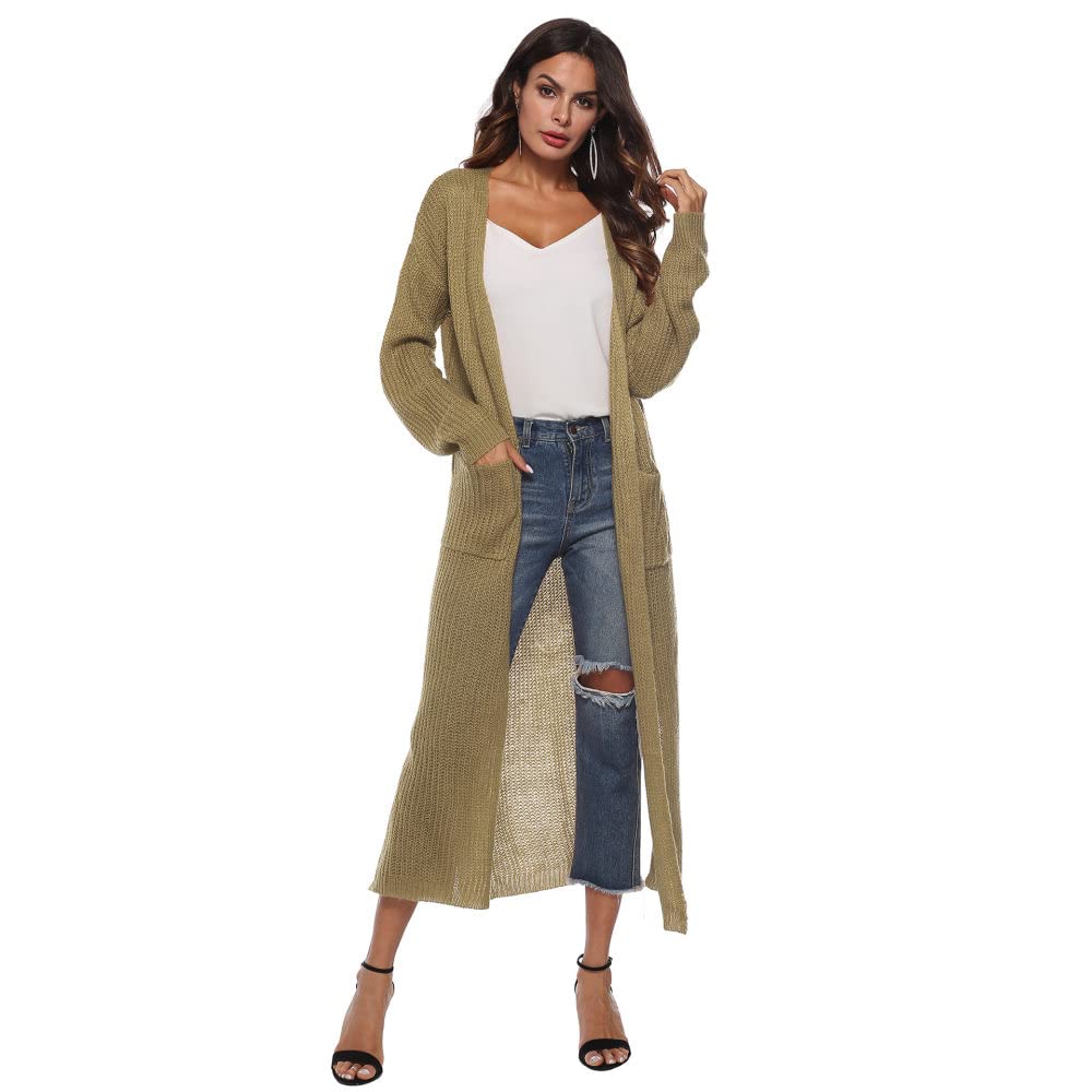 Cárdigan para Mujer Cárdigan de Punto para Mujer Abrigo Liso Color Caqui Suéteres Largos Cárdigan de Manga Larga con Frente Abierto Cárdigan de Primavera Chaqueta de Punto Suave para Uso Diario