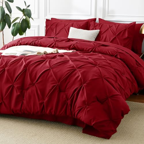 CozyLux Queen Comforter Set Dark Red, 7 Pieces Pintuck Bed in A Bag, Premium Red Comforter Queen Size, Pinch Pleat Bedding Sets with Comforter, Sheets, Pillowcases & Shams