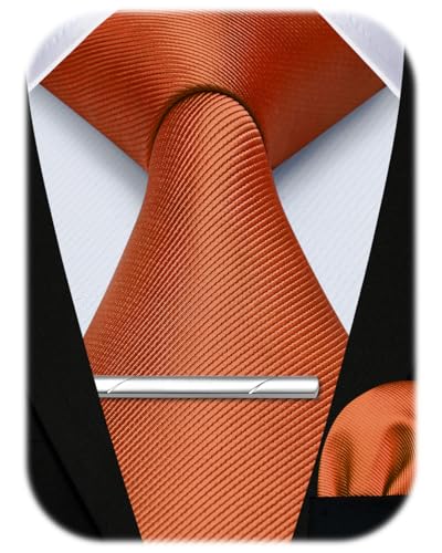 HISDERN Mens Orange Tie Solid Color Wedding Necktie and Pocket Square Classic Tie Clip Set for Men-Multiple Colors