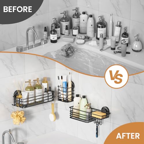Image of LEVERLOC Shower Caddy Suction Cup, 3 Pack Heavy Duty Bathroom Organizer for Inside Shower with Hooks & Soap Holder, Removable Bathroom Organizer, Rustproof Black Holder Storage Black
