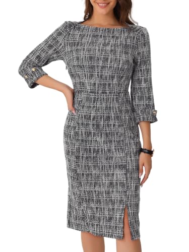 Image of Allegra K Tweed Dress for Women's Boat Neck 3 /4 Sleeve Elegant Work Pencil Sheath Dress