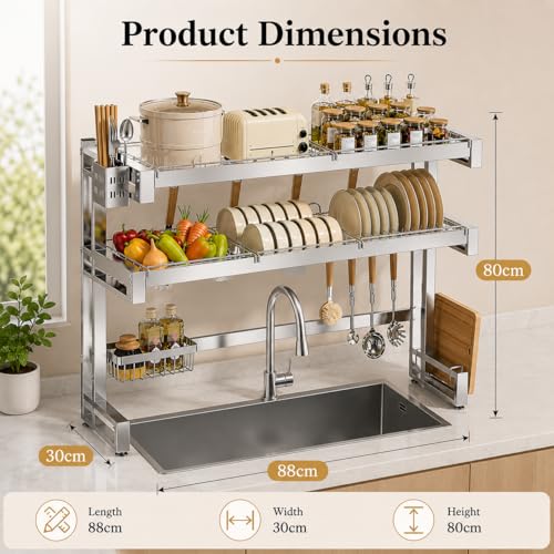 Image of COMFYHOME Stainless Steel Over the Sink Dish Drying Rack for Kitchen-Sturdy Stable, Rust-Proof Durable Features Cutting Board Holder, Knife Rack, and Storage Basket; Ideal for Dish Drainer Large Size