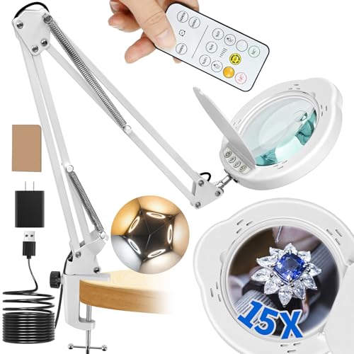 15x Magnifying Lamp with Remote & Dust Cover, Long Arm Hand Free Magnifying Glass with Light and Clamp Stand 5 Color Dimmable LED Desktop Magnifier Lamp with Light for Read Craft Hobby Close Work