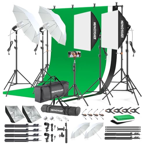 WEPHOTOJET Photography Softboxes Kit with 8.5x10ft Backdrop Stands, 5 Tripod