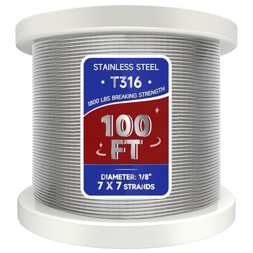 Image of 100FT 1 /8 inch T316 Stainless Steel Cable Marine Grade, Wire Rope Cable for Deck Cable Railing System Post Kit, 1850 lb Breaking Strength, 7x7 Strands Aircraft Cable for DIY Deck Railing, Silver
