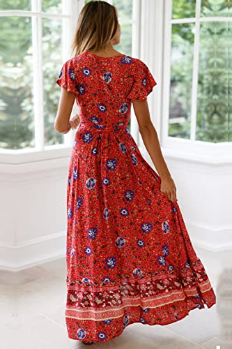 Image of PRETTYGARDEN Women Boho Summer Side Split Deep V Neck Short Sleeves Maxi Dress with Belt