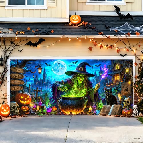 Image of Halloween Garage Door Decorations 6 x 13 ft, Witch Cauldron Cover
