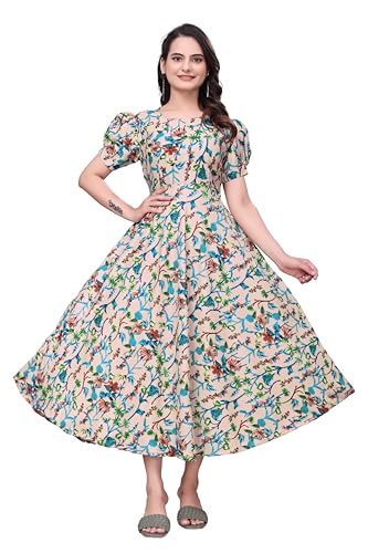 Image of Women's A-Line Crepe Maxi Dress | Stylish Fit and Flare Dress with Round Neck Short Puff Sleeves for Casual Wear
