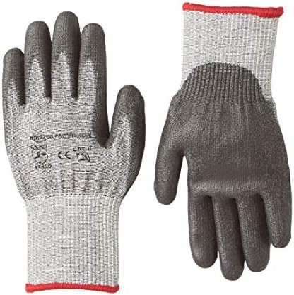 AmazonCommercial Cut-resistant Level 5 D Goldsilk & PU Coated Work Gloves, Mechanics, Gardening, Construction (Salt & Pepper/Black), Size L, 1 Pair