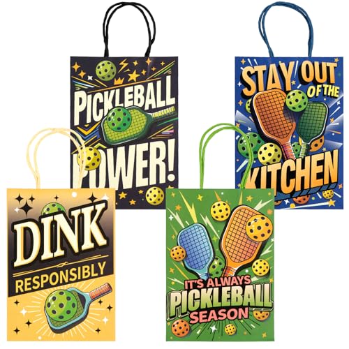 Kauai Sun 16PCS Pickleball Gift Bags, Pickle Ball Themed Party Supplies Favors Bags, Four Original Vibrant Designs for Pickleball Enthusiasts Players Team Coach Retirement Gifts Goodies