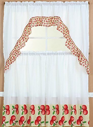 Jasmine Linen 3-Piece Printed Kitchen Curtain Window Treatment Set Curtain Tier (Apples)