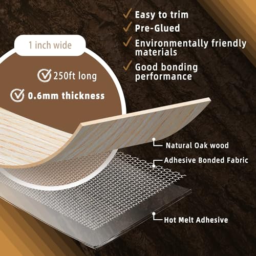 Image of GSCIT Club White Oak Edge Banding, 1 inch x 250ft roll of Veneer Edge Banding Pre-glued Flexible, Wood Tape for Cabinet Repair Furniture
