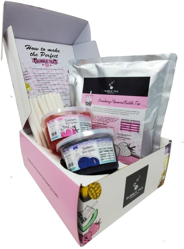 Ultimate Bubble Tea Kit STRAWBERRY (30 Servings) - Featuring Blueberry and Strawberry Juice Pobbles and Paper Straws