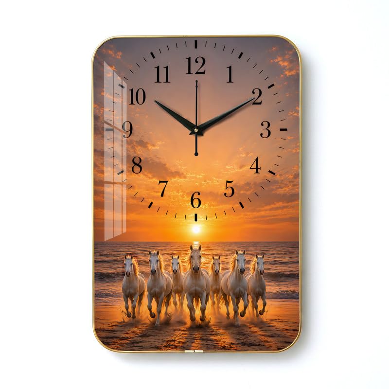 Luxury Decorative Wall Clock with Glass Finish (18x12 Inch) | Seven Running Horses Vastu Wall Clock for Living Room-image-0