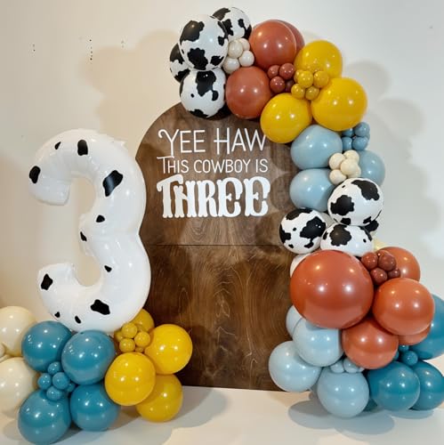 Image of Cow Print Balloons, 12 Inch Cowboy Dusty Slate Blue Brown Yellow Sand White Latex Party Balloon Western Balloons for Kids Boys First Rodeo Baby Shower Farm Country Wild West Birthday Party Decorations