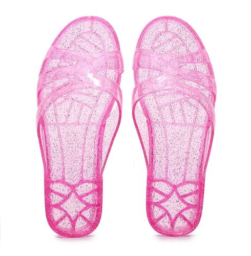 Image of Womens Jelly Shoes, White Jellies Sandals Glitter Clear Flats Slip On Summer Beach Slippers Transparent Closed Toe Soft Slide