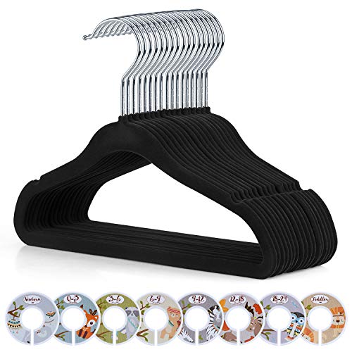 Image of Baby Velvet Hangers, ESEOE 50 Pack Non Slip Clothes Hangers,Ultra Thin Space Saving Kids Hangers with 8X Baby Size Dividers (Black)