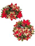 BLOSMON Christmas Centerpieces for Dining Table: 2 Pcs Red Gold Glitter Fake Poinsettia Christmas Flowers Ball Decoration - Artificial Silk Holiday Floral Arrangement Xmas Indoor Home Decor