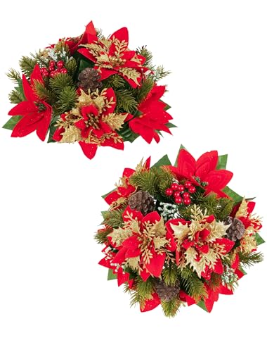 BLOSMON Noel Fleurs Artificielles Deco: 2 Pcs Rouge Pailleté Poinsettia Fleur Artificielle Bouquet 24cm Diamètre pour Centre de Table - Noël Boule Fleure Artificiel Maison Fête Salon Cheminée