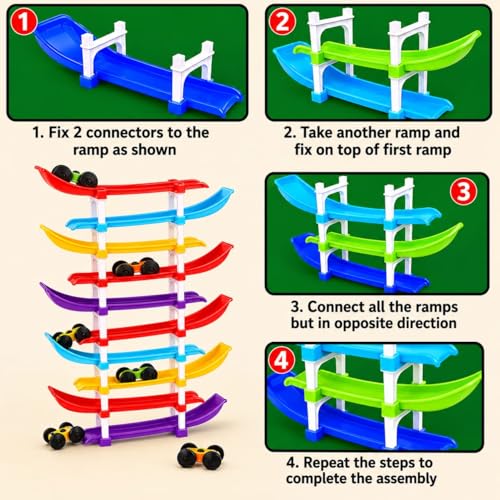 Image of 10-Level Car Ramp Racer Toy with 6 Cars - Rolling Track Toy for Kids Ages 2-7 | Birthday Gift for Boys & Girls | Educational & Fun Car Toy Set | Colorful Racing Action (10-Ramps & 6-Cars)