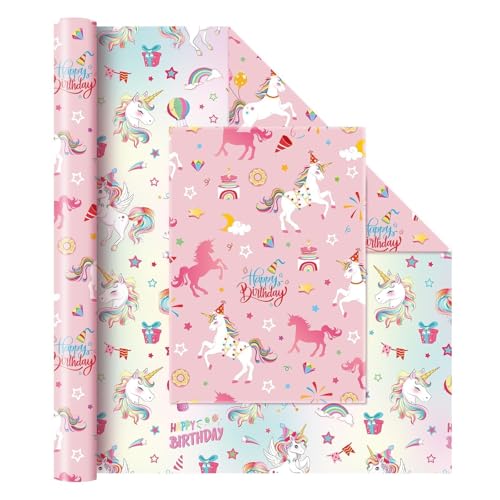 WERNNSAI Einhorn Geschenkpapier – 1 Rolle Einhorn Geburtstag Geschenkpapier Mädchen Kinder Regenbogen Pferd Geburtstagstorte Geschenk Rosa Doppelseitiges Muster Geburtstagsparty Dekoration 43cm x 10m