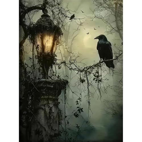 Hutarosl Diamond Art Kits for Adults Beginners- Gothic Dark Horror Forest Crow Diamond Painting for Adults Beginners Halloween Gem Painting for Adult and Crafts Home Decor 12x16inch