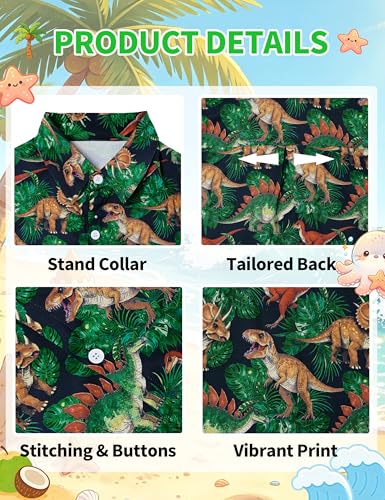 Image of Boys Hawaiian Shirt Kids Button Down Aloha Beach Hawaii Tops 5-14Y | Quick Dry, Breathable, Cooling & Lightweight, For Summer Vacation Holiday, Fourth of July, Youth, Teen, Shark, Dinosaur