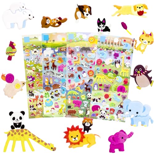 IMNEXT2U 3D Puffy Stickers for Kids Resuable Sticker for Toddler, Boys, Girls 4 Sheets - Mother Child Animals, Dogs, Cats, Elephant, Giraffe, Monkey, Sheep, Panda, Koala, Rabbit (Zoo)