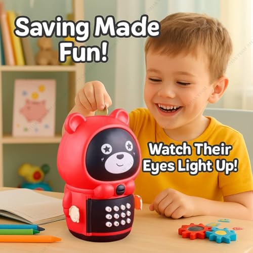 Image of SHAKTISM Cartoon Animal Money Storage Tank for Kids,Electronic Piggy Bank with Music, Keypad & Story Function Secure Coin Bank Safe for Boys & Girls (Bear Design Red)