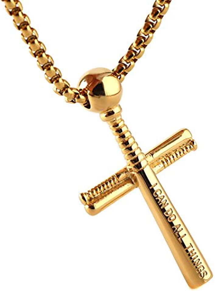 HZMAN Baseball Cross Sports Pendant Stainless Steel Baseball Bat Cross Necklace, Large and Small