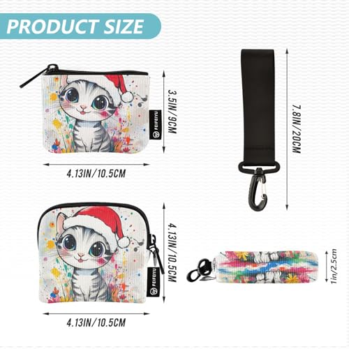 Cartoon Cute White Merry Christmas Cat Women's Wallets Card Cases Slim Portable Key Chain Wallet Change Purse with Zipper Pocket for Lady 2 Pcs4