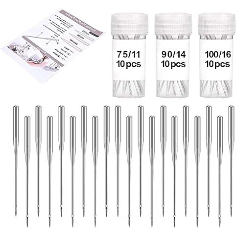 30 Pcs Sewing Machine Needles, Universal Machine Needles 75/11, 90/14 and 100/16 with Instruction, Sharp Heavy Duty Sewing Machine Needles for Denim Leather Jeans Jersey Cover