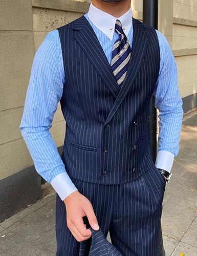 ONAXTDA Men's 2 Piece Vest Pants Set Double Breasted Notch Lapel Stripes Formal Suits for Business Prom Wedding2