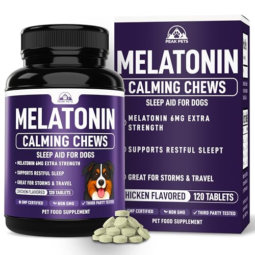 Melatonin for Dogs to Sleep (6mg Dog Sleep Aid) Dog Melatonin for Large Dogs - Help Reduce Stress from Storms Separation & Anxiety - Puppy Calming Chews - 3rd Party Tested 120 Chicken Flavor Tablets