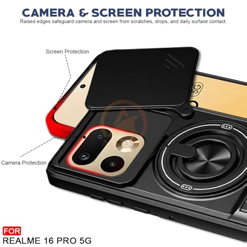 Image of Realme 16 Pro 5G Back Cover | Armor Camera Slider 360 Degree Rotating Finger Ring Holder Case with Bracket Stand Back Case Cover (Compatible with MagSafe Accessories) (Black)