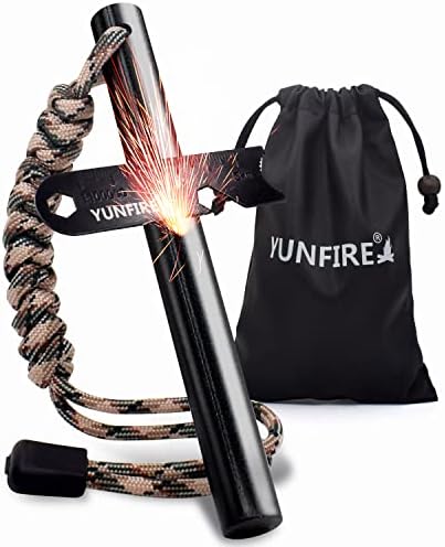 Fire Starter-5''x 1/2'' Thick Steel , 25,000+ Strikes, Drilled Flint Steel, Round Solid Ferro Rod Kit with Multi-Tool Striker & Type 550 Paracord for Emergency Survival, Camping (CAMOUFLAGE), L