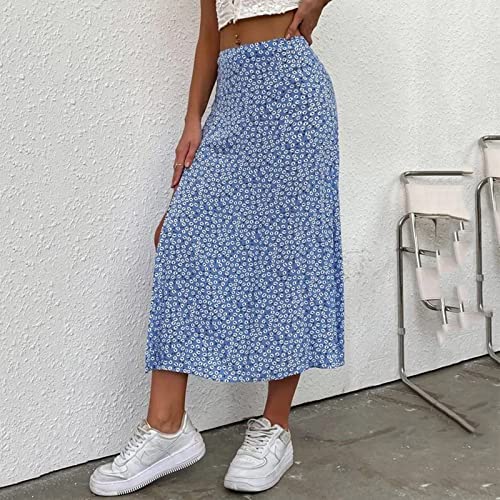 Women Boho Floral Slit Maxi Skirt Split Thigh High Waisted Elastic Casual Lightweight Beach Skirt for Summer Vacation3