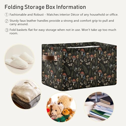 Image of Mushroom Botanical Storage Basket Fabric Kitchen Baskets Dragonfly Berry Flowers Fern Open Home Storage Bins Boxes Foldable Organizer Bag for Baby Cloth Pet Toy Book Shelf Closet Baskets 16x12x8 IN