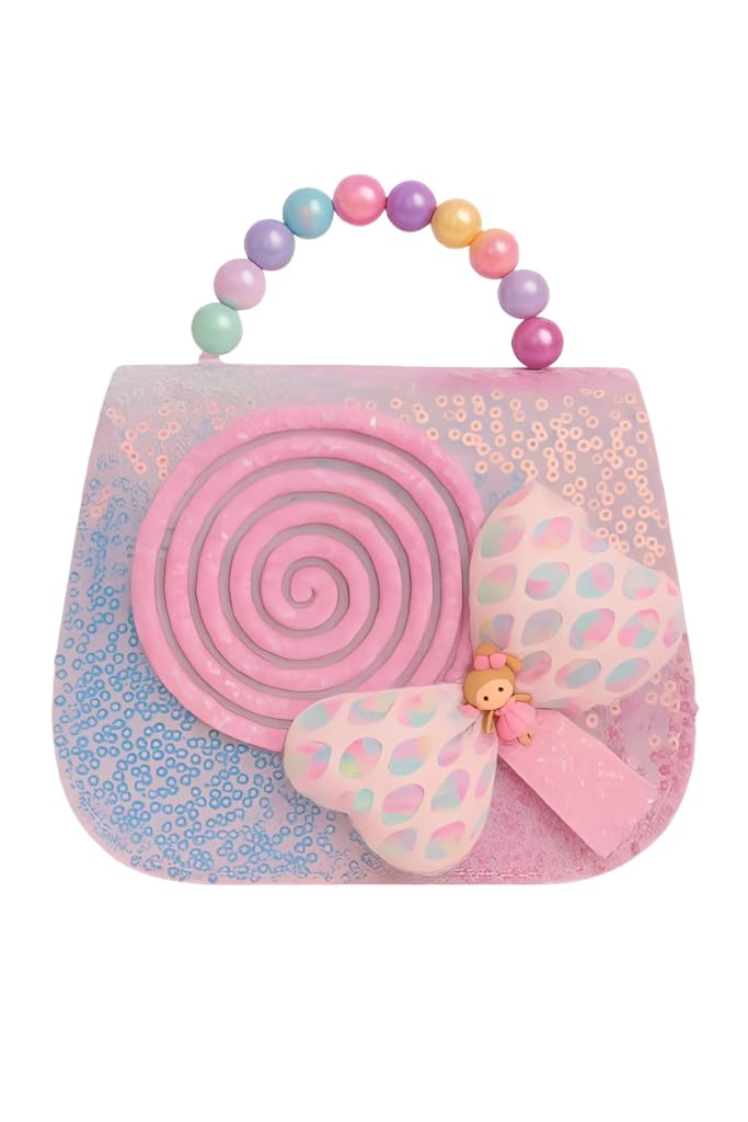 Girls' Beautiful Random color Handbag crossbody sling bag, Spiral Design with Bow Detail, Multicolour Beaded Handle, 20 x 15 x 12 cm