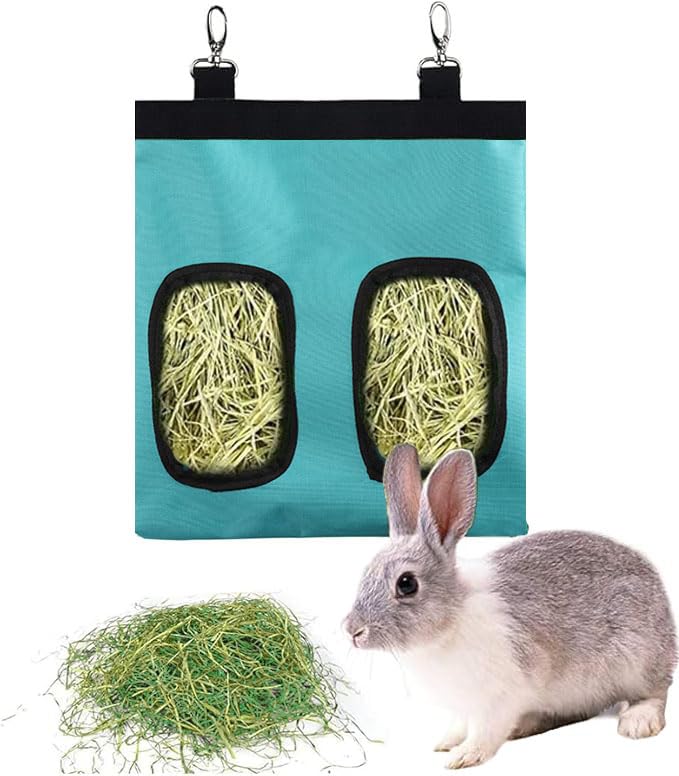 NeoStyle Rabbit and Guinea Pig Hay Feeder Bag - Small Animal Hanging Storage Feeder (Blue, S, 2 Holes)