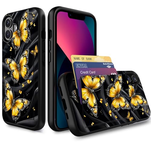 wiaekosef for iPhone 17 Case,Wallet Case Credit Card Holder Dual Layer Hybrid Shockproof PC + TPU Case Cover for iPhone 17 6.3" 2025,Yellow Butterfly