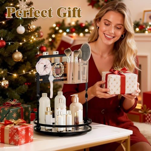 DUANFEE 360 Rotating Makeup Organizer, 2-Tier Black Perfume Organizer for Dresser, Bathroom Counter Organizer, Lazy Susan Vanity Tray Spinning Skincare Storage with Jewelry Hooks & Makeup Brush Holder — view 6