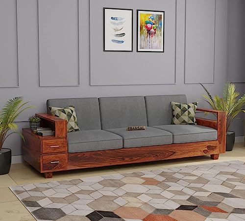 Image of Solid Sheesham Wood Sofa Set 3 Seater, Three Seater Sofa Set with Attached End Table, 2 Drawer Storage for Living Room Furniture - Honey Finish