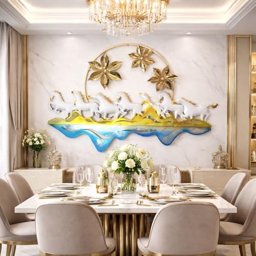 Image of Framing Hub - Metal Wall Decorative Multicolor Seven Running Horses with Floral Design Wall Hanging Decor for Vastu Living Room (Size 50x31 Inch)